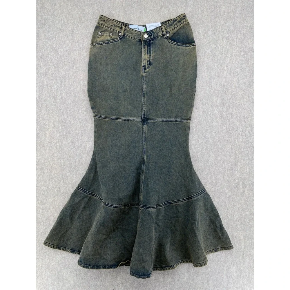 House of Sunny Law of Attraction Denim Mermaid Skirt Acid Wash Yellow Blue Maxi